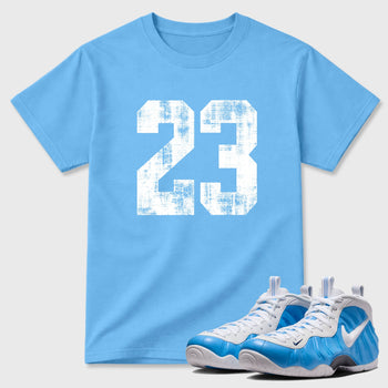 Sneaker match tees – Sneaker Tees To Match Air Foamposite Pro University Blue Shoes – No.23 Tee Carolina Blue 1