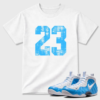 Sneaker match tees – Sneaker Tees To Match Air Foamposite Pro University Blue Shoes – No.23 Tee White 1
