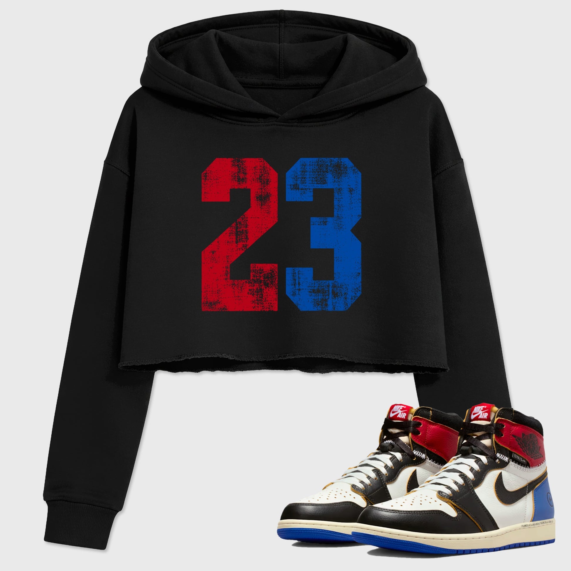 Sneaker match tees – Sneaker Tees To Match Air Jordan 1 Union x Fragment Shoes – No.23 Crop T-Shirt Black 1