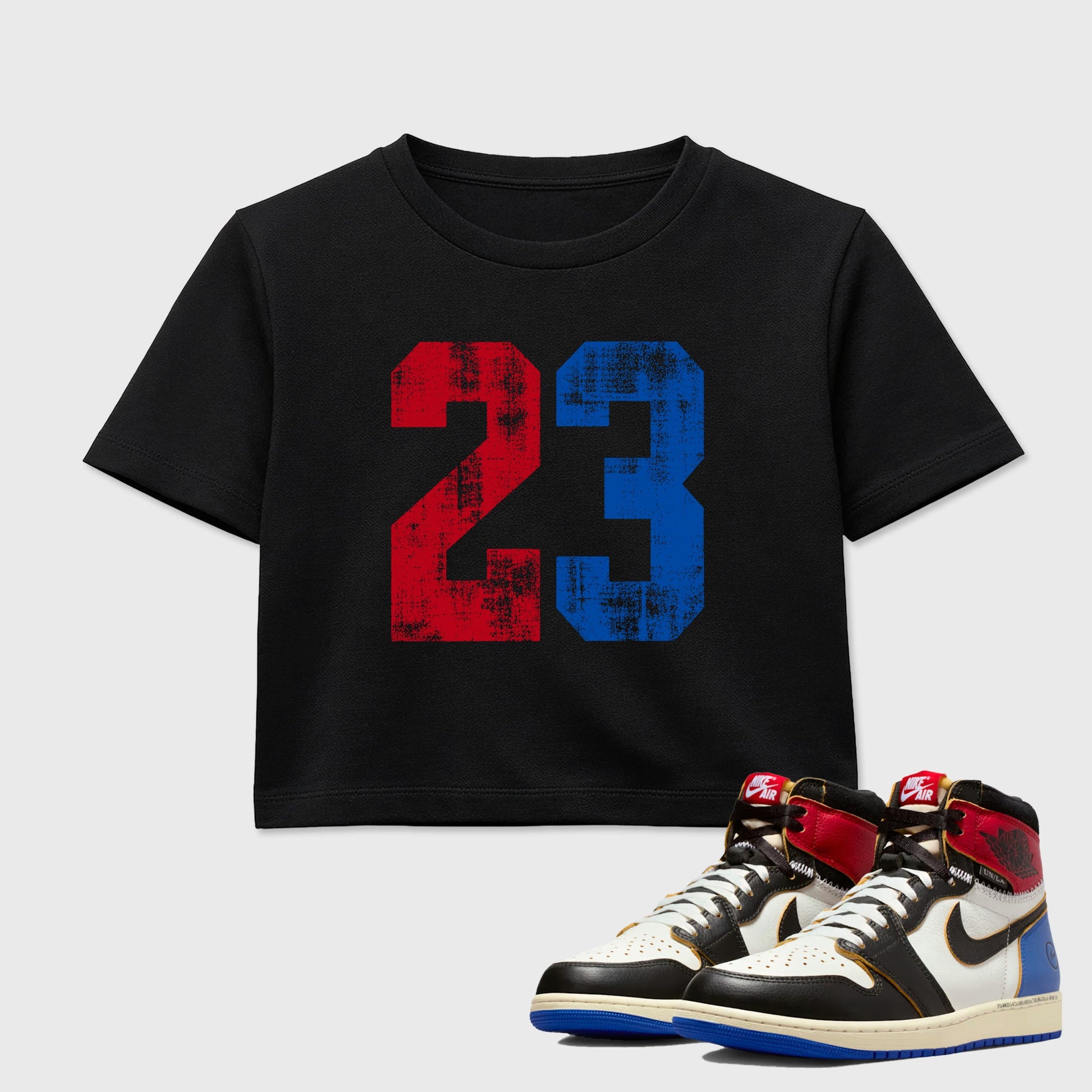 Sneaker match tees – Sneaker Tees To Match Air Jordan 1 Union x Fragment Shoes – No.23 Crop T-Shirt Black 1