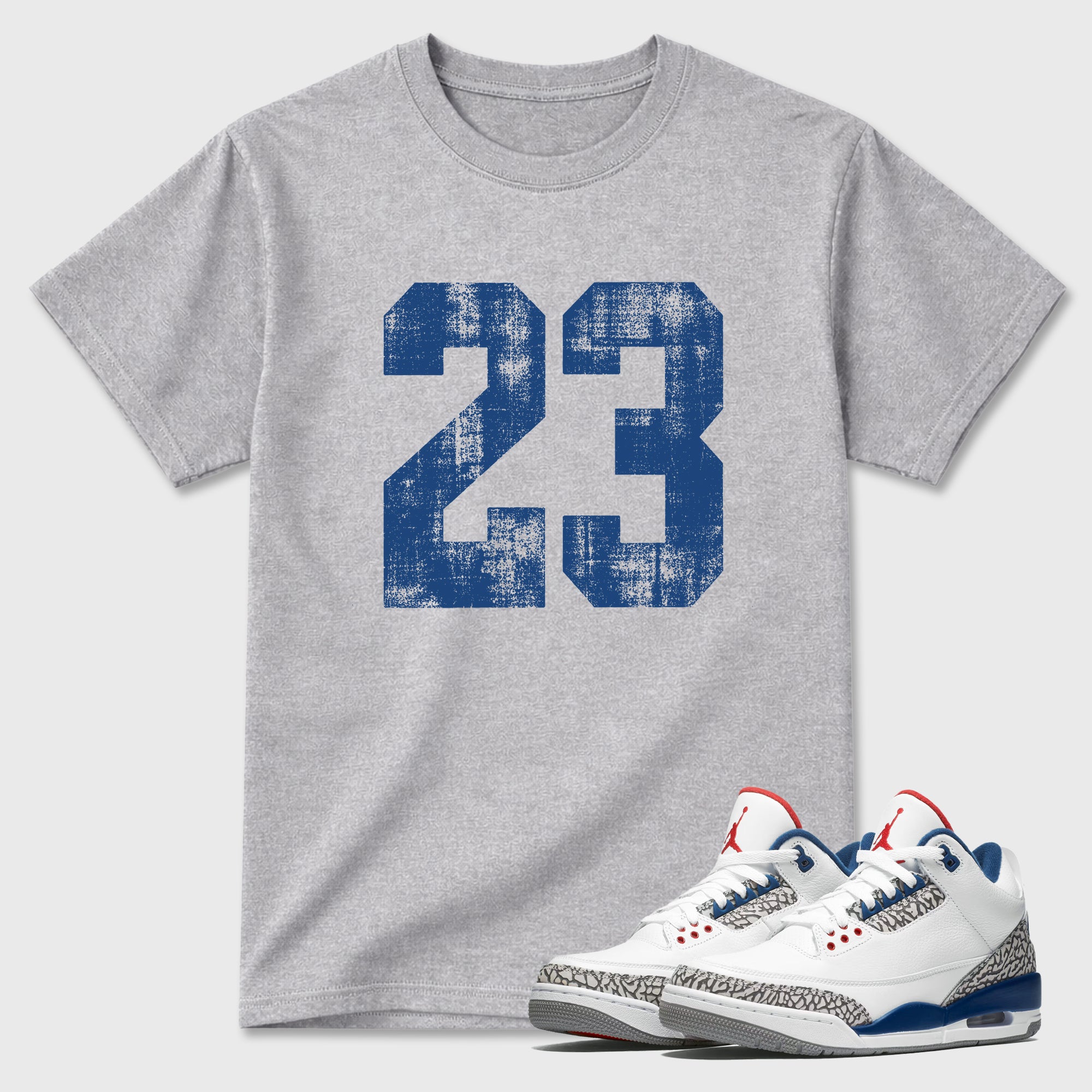No.23 Graphic T-Shirt featuring original streetwear artwork designed to match the Air Jordan 3 True Blue. Heather Grey 1 Graphic T-Shirt.