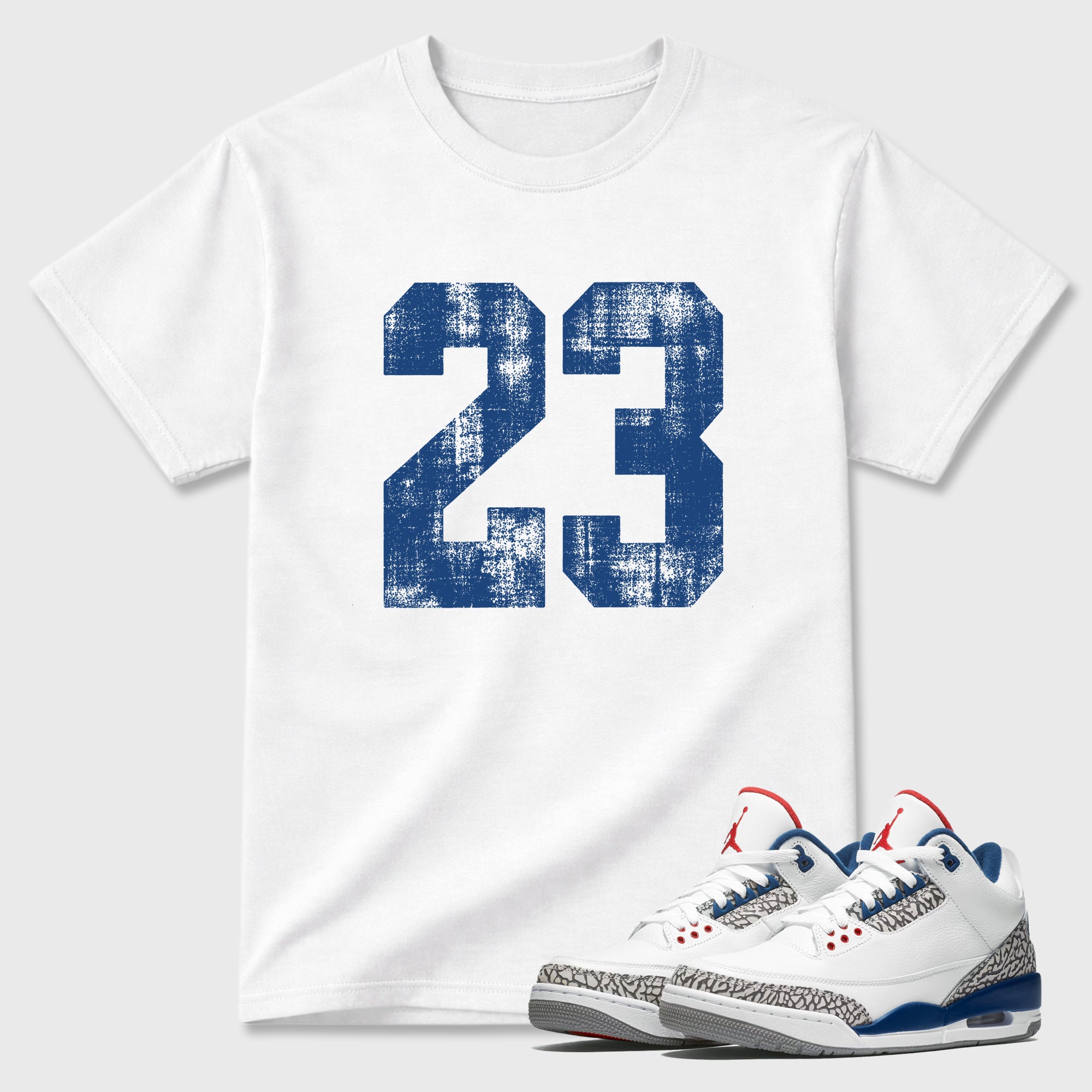 No.23 Graphic T-Shirt featuring original streetwear artwork designed to match the Air Jordan 3 True Blue. White 1 Graphic T-Shirt.