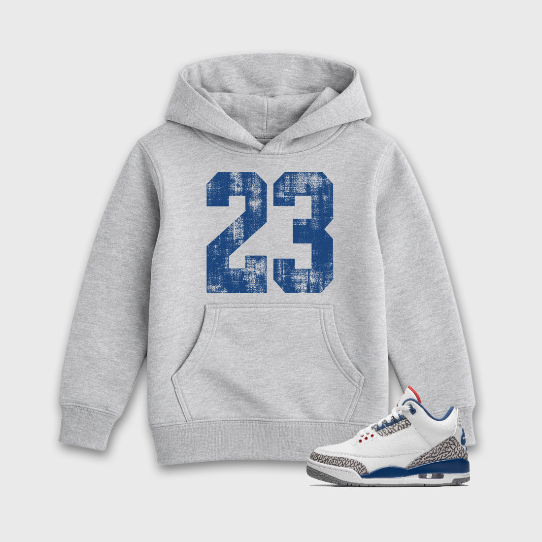 No.23 Baby & Kids Graphic Hoodie featuring original artwork designed to match the Air Jordan 3 True Blue. Heather Grey 1 Kids Graphic Sweater.