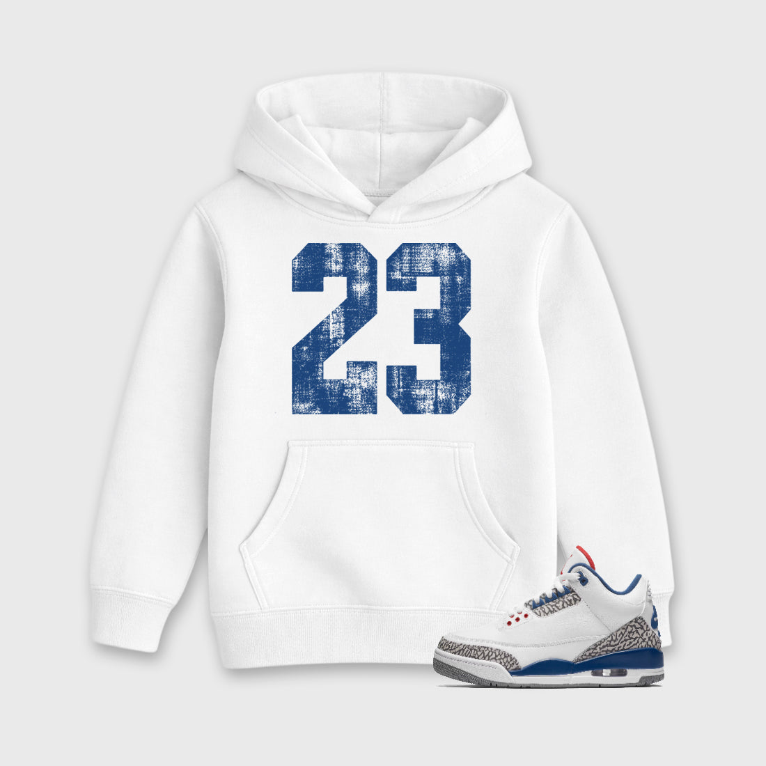 No.23 Baby & Kids Graphic Hoodie featuring original artwork designed to match the Air Jordan 3 True Blue. White 1 Kids Graphic Sweater.