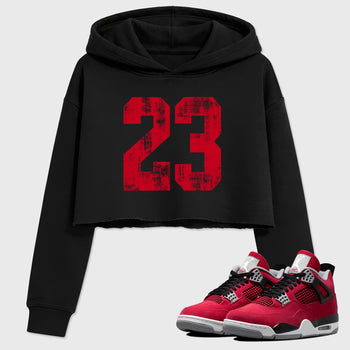 No.23 women’s crop tee designed to match the Air Jordan 4 Toro Bravo, featuring coordinated Black 1 options for a perfect streetwear vibe.