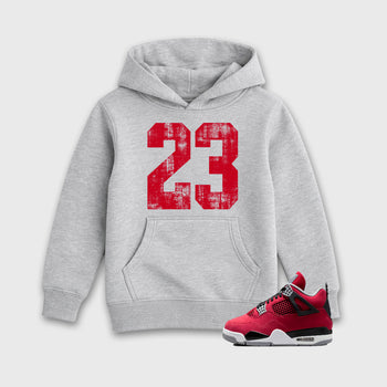 No.23 affordable baby and kids t-shirt designed to match the Air Jordan 4 Toro Bravo, featuring coordinated Heather Grey 1 options for the perfect little sneakerhead streetwear look.
