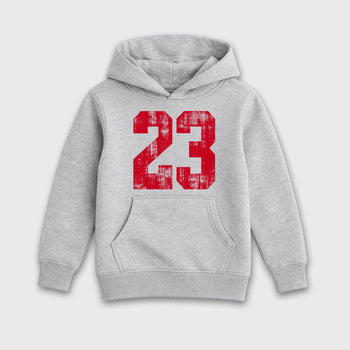 No.23 affordable baby and kids t-shirt designed to match the Air Jordan 4 Toro Bravo, featuring coordinated Heather Grey 2 options for the perfect little sneakerhead streetwear look.