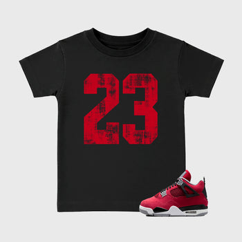 No.23 affordable baby and kids t-shirt designed to match the Air Jordan 4 Toro Bravo, featuring coordinated Black 1 options for the perfect little sneakerhead streetwear look.