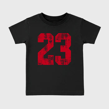 No.23 affordable baby and kids t-shirt designed to match the Air Jordan 4 Toro Bravo, featuring coordinated Black 2 options for the perfect little sneakerhead streetwear look.