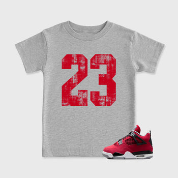 No.23 affordable baby and kids t-shirt designed to match the Air Jordan 4 Toro Bravo, featuring coordinated Heather Grey 1 options for the perfect little sneakerhead streetwear look.