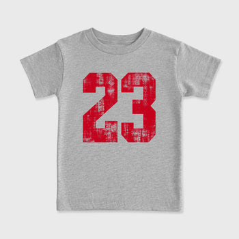 No.23 affordable baby and kids t-shirt designed to match the Air Jordan 4 Toro Bravo, featuring coordinated Heather Grey 2 options for the perfect little sneakerhead streetwear look.