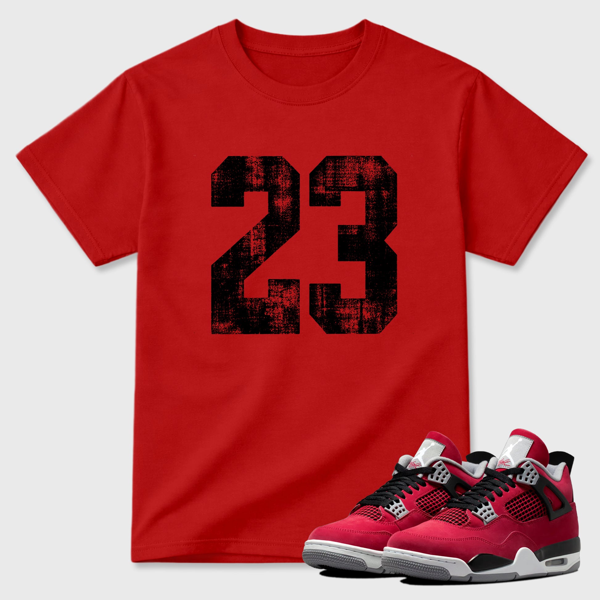 No.23 Graphic T-Shirt sneaker match tee designed for the Air Jordan 4 Toro Bravo, featuring coordinated color options for a perfect streetwear match. Red 1 shirt.