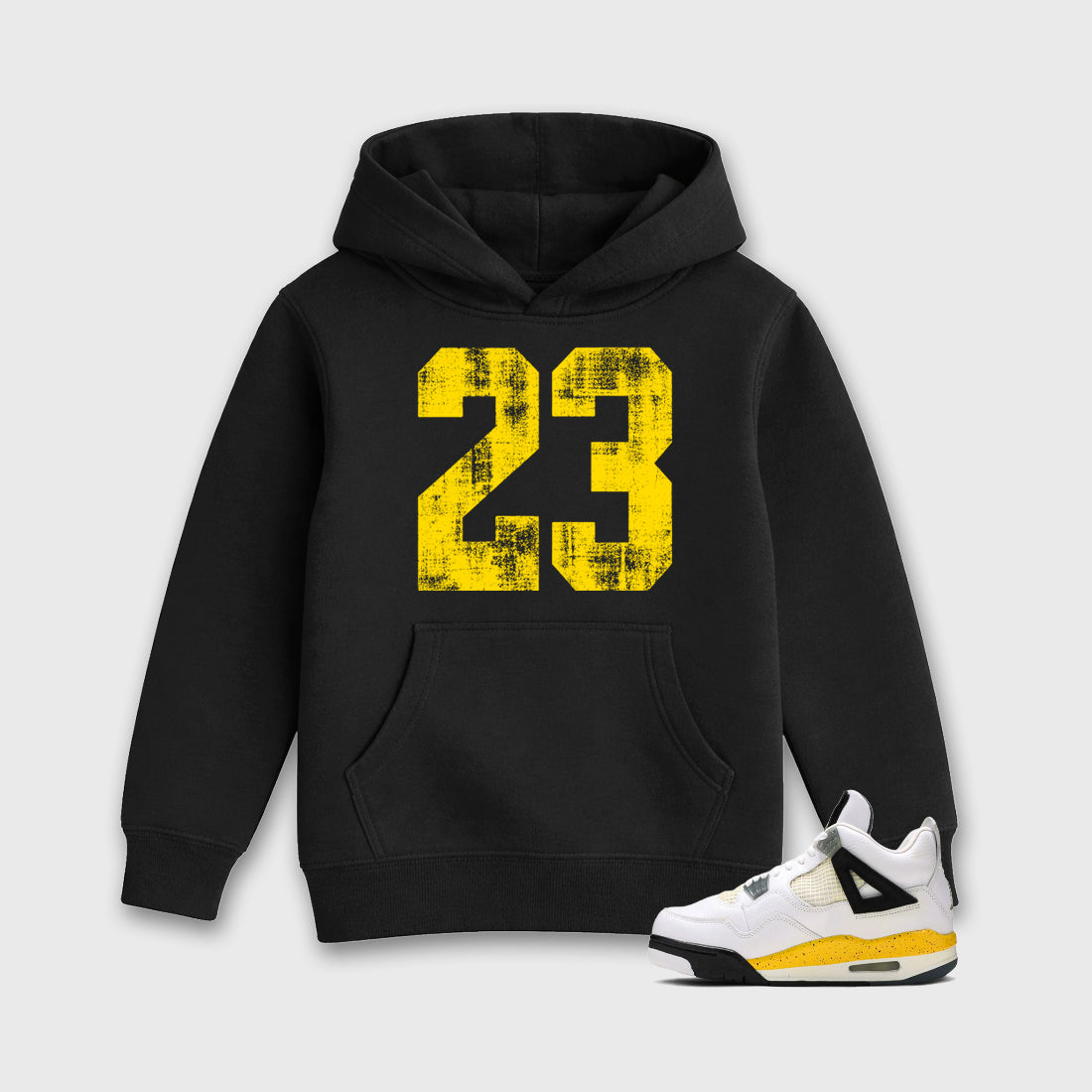 No.23 Baby & Kids Graphic Hoodie featuring original artwork designed to match the Air Jordan 4 Tour Yellow. Black 1 Kids Graphic Sweater.