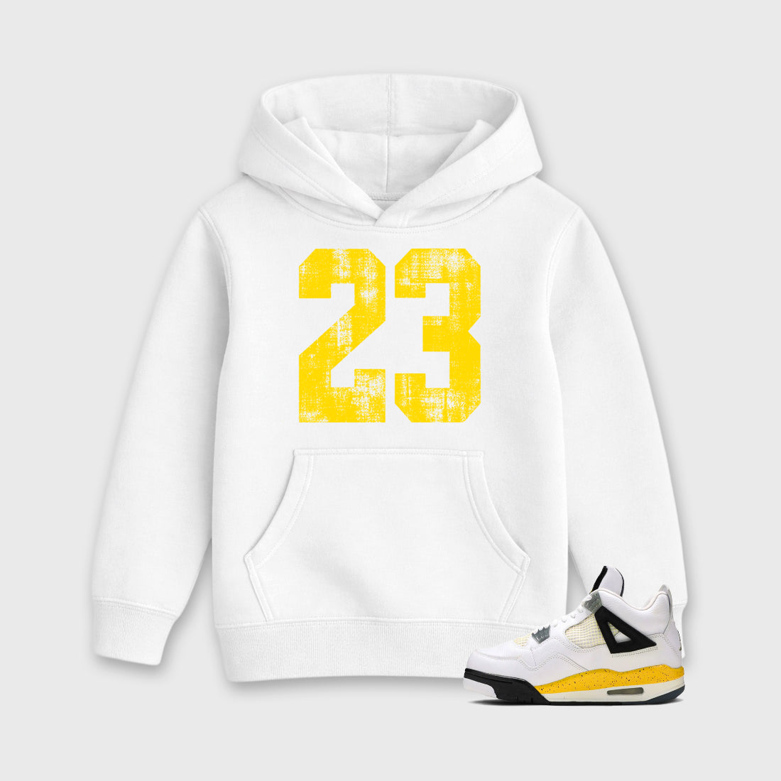 No.23 Baby & Kids Graphic Hoodie featuring original artwork designed to match the Air Jordan 4 Tour Yellow. White 1 Kids Graphic Sweater.