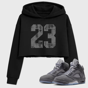 Sneaker match tees – Sneaker Tees To Match Air Jordan 5 Wolf Grey Shoes – No.23 Crop T-Shirt Black 1