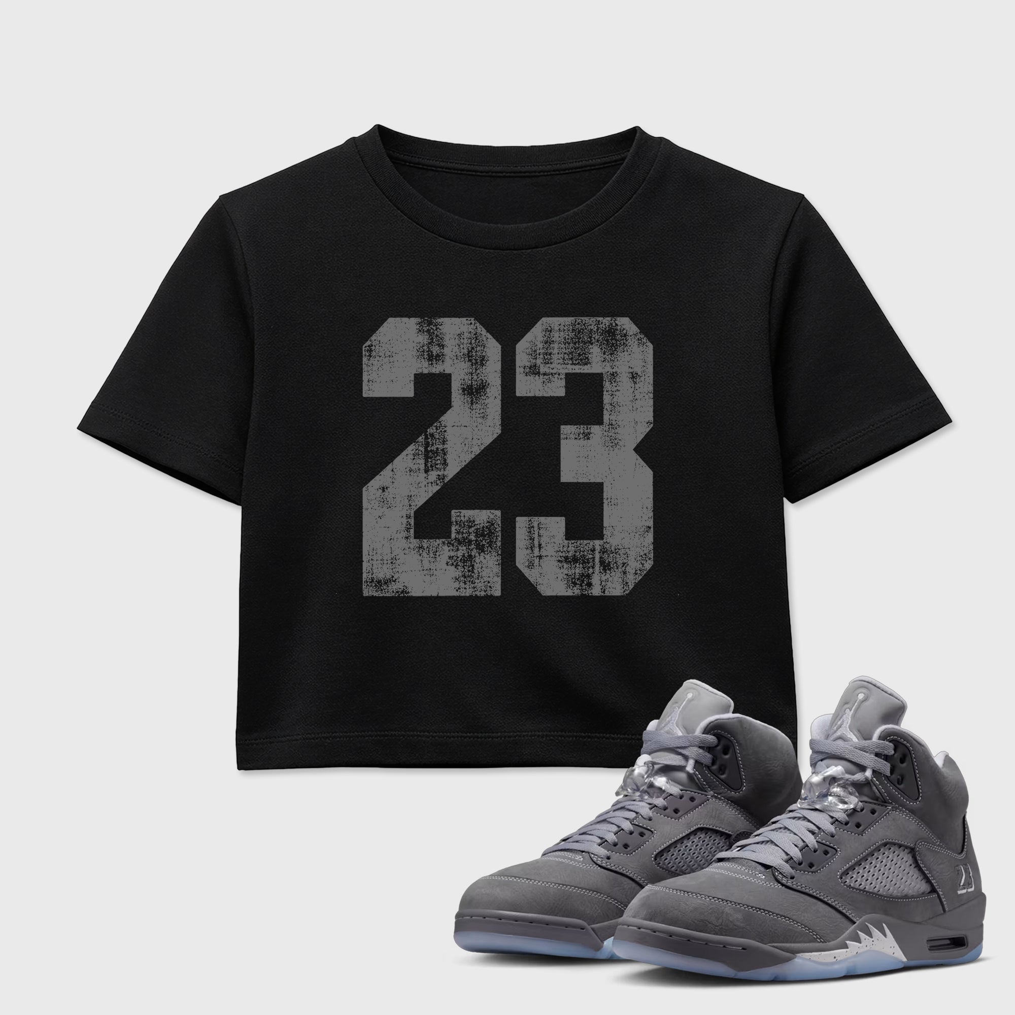 Sneaker match tees – Sneaker Tees To Match Air Jordan 5 Wolf Grey Shoes – No.23 Crop T-Shirt Black 1