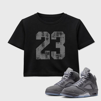 Sneaker match tees – Sneaker Tees To Match Air Jordan 5 Wolf Grey Shoes – No.23 Crop T-Shirt Black 1