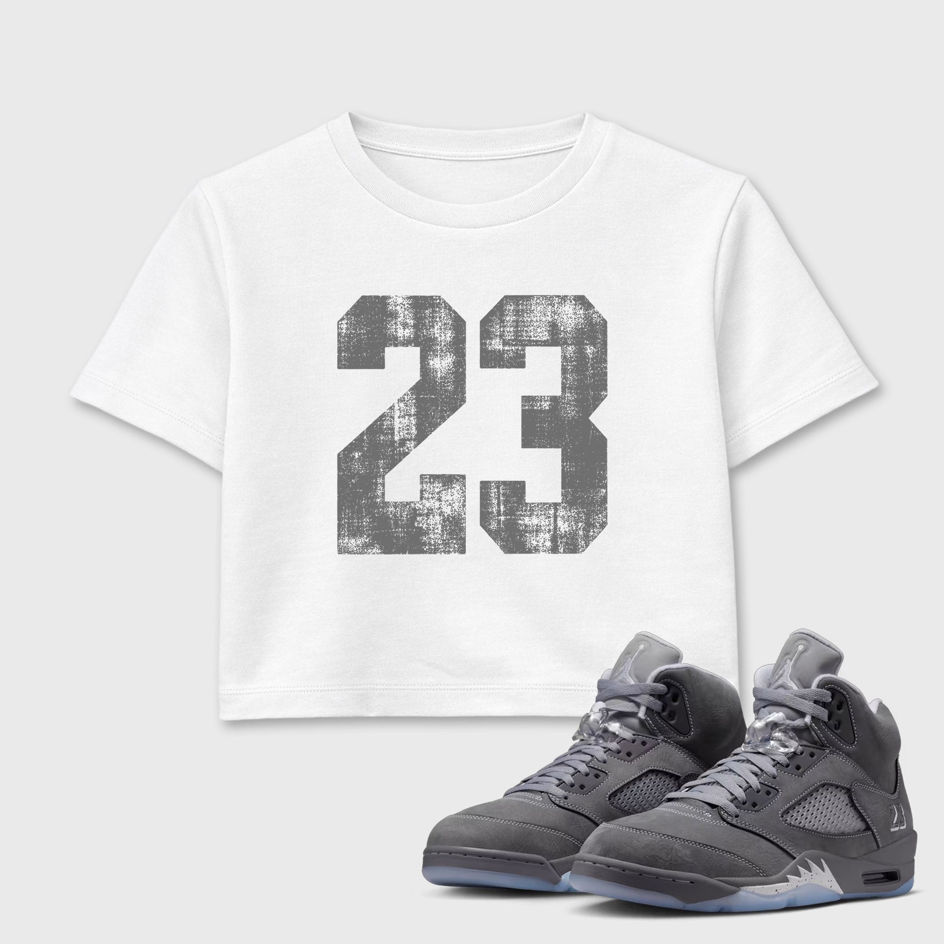 Sneaker match tees – Sneaker Tees To Match Air Jordan 5 Wolf Grey Shoes – No.23 Crop T-Shirt White 1