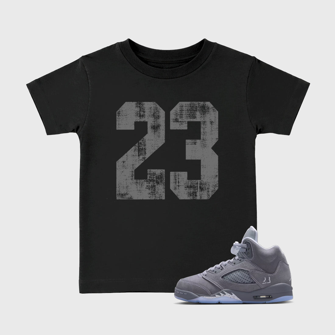 Sneaker match tees – Sneaker Tees To Match Air Jordan 5 Wolf Grey Shoes – No.23 Kids T-Shirt Black 1