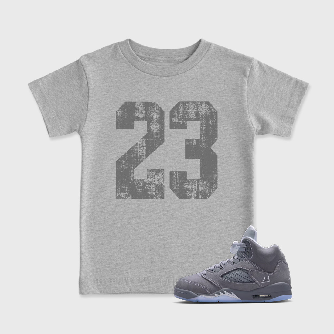 Sneaker match tees – Sneaker Tees To Match Air Jordan 5 Wolf Grey Shoes – No.23 Kids T-Shirt Heather Grey 1