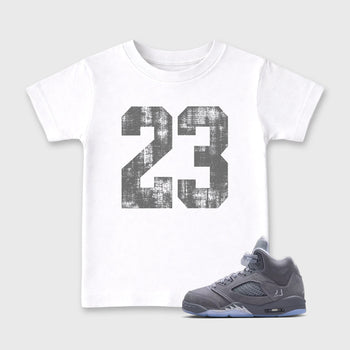 Sneaker match tees – Sneaker Tees To Match Air Jordan 5 Wolf Grey Shoes – No.23 Kids T-Shirt White 1