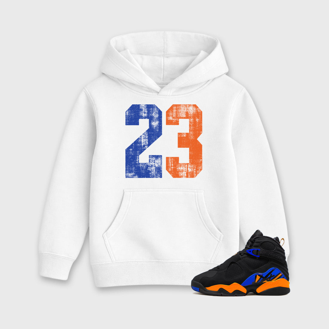 No.23 Baby & Kids Graphic Hoodie featuring original artwork designed to match the Air Jordan 8 Knicks. White 1 Kids Graphic Sweater.