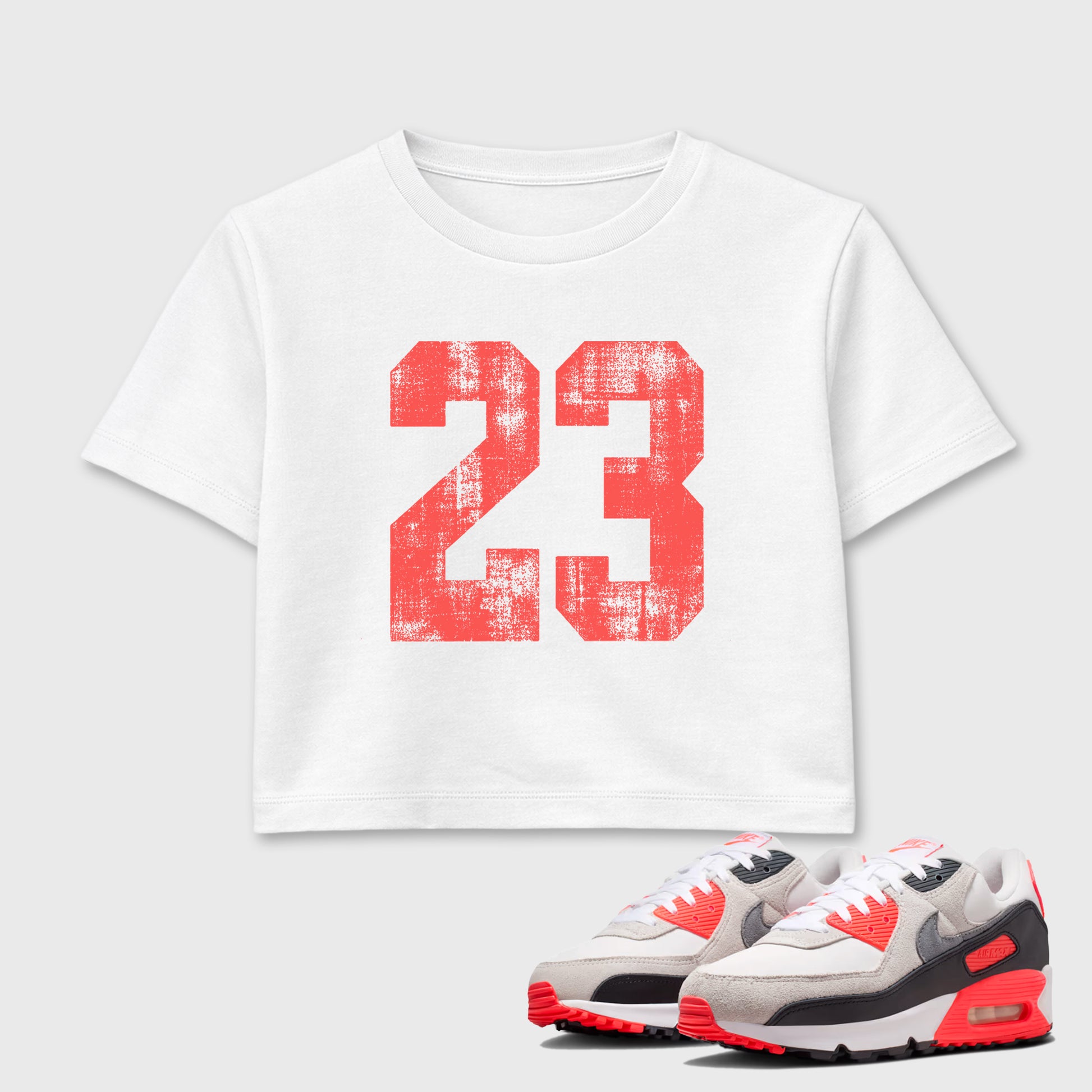 Sneaker match tees – Sneaker Tees To Match Air Max 90 Infrared Shoes – No.23 Crop T-Shirt White 1