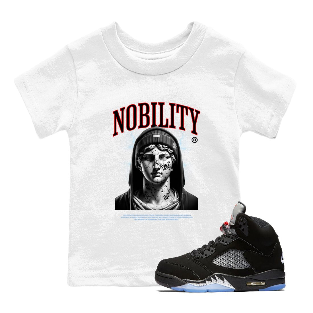 5s Black Metallic Reimagined shirts to match jordans Nobility best t shirts to wear with jordans AJ5 Retro OG Reimagined match shoes to clothes SNRT Sneaker Tees Youth Baby White 1 tee