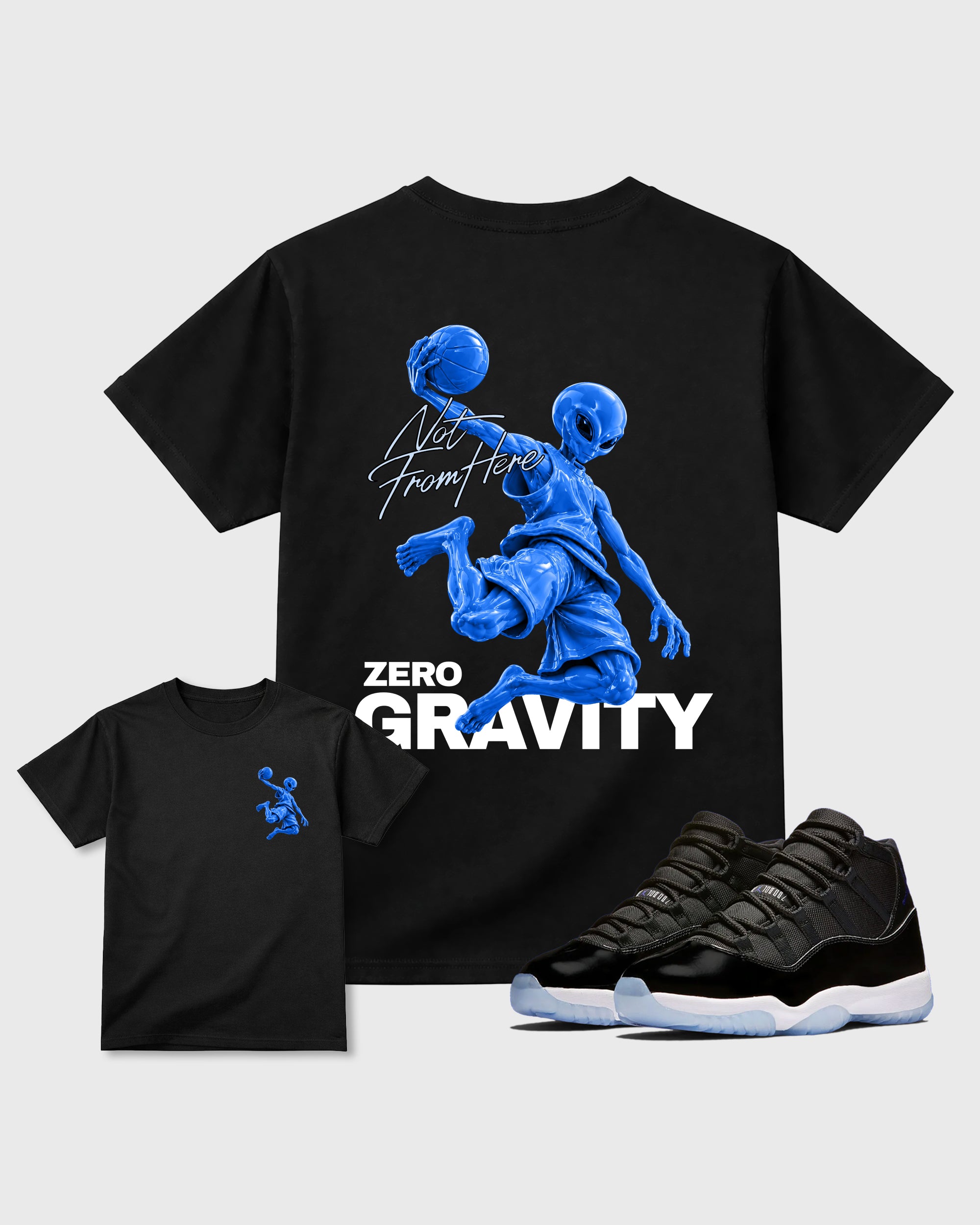 Not From Here Black Graphic T-Shirt - 1, sneaker matching tee designed to match Air Jordan 11 Retro Space Jam sneakers for a coordinated sneaker outfit.