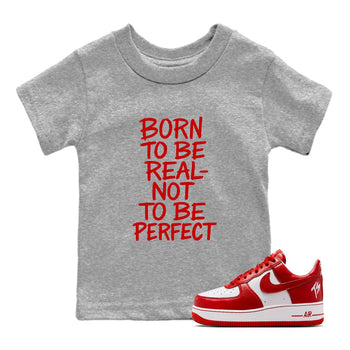 Not Perfect baby and kids t-shirt crafted for little sneakerheads to shine with the Air Force 1 University Red sneakers, displayed in Heather Grey 1.