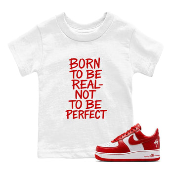 Not Perfect baby and kids t-shirt crafted for little sneakerheads to shine with the Air Force 1 University Red sneakers, displayed in White 1.