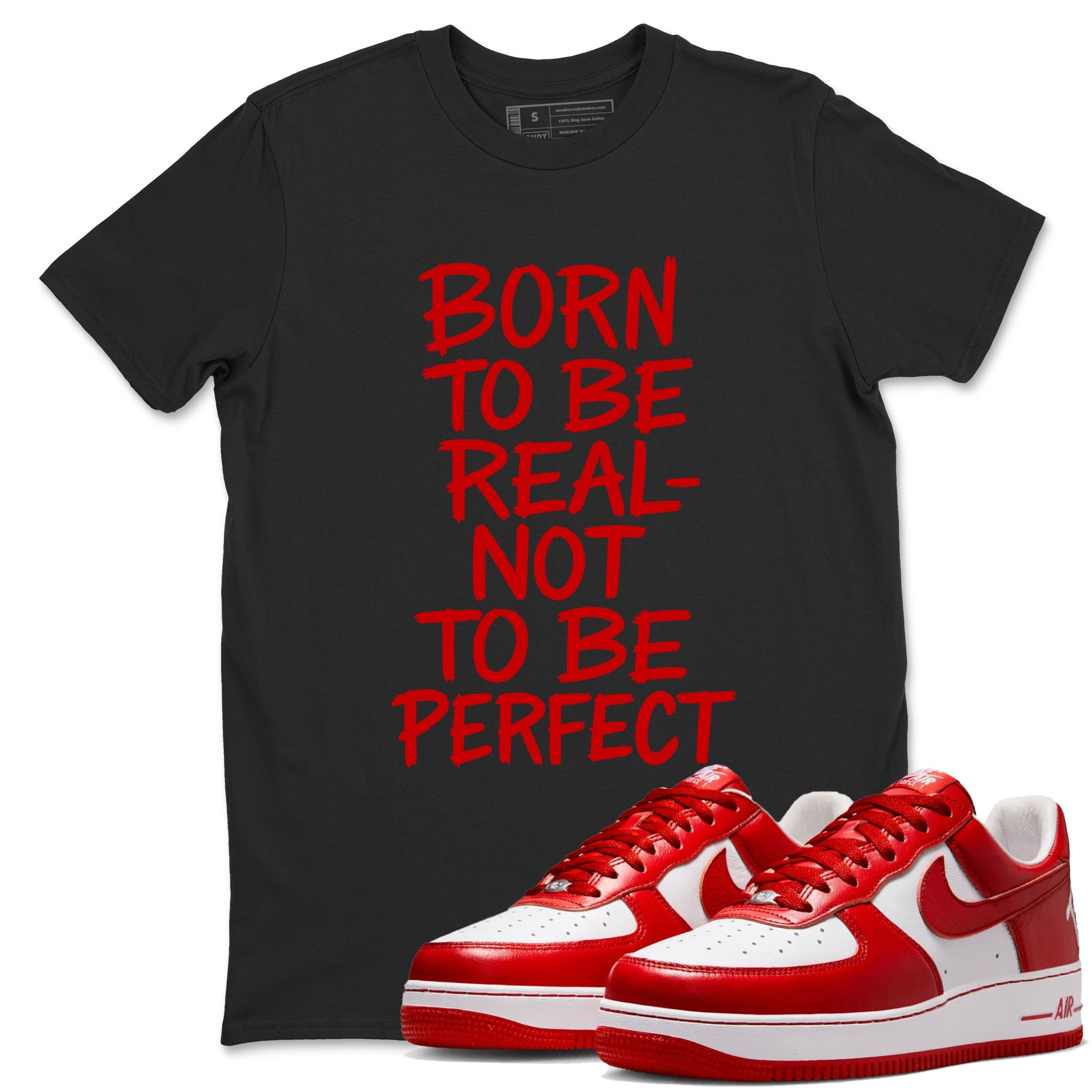 Not Perfect sneaker match t-shirt styled to complete your fit with the Air Force 1 University Red sneakers, shown in Black 1.