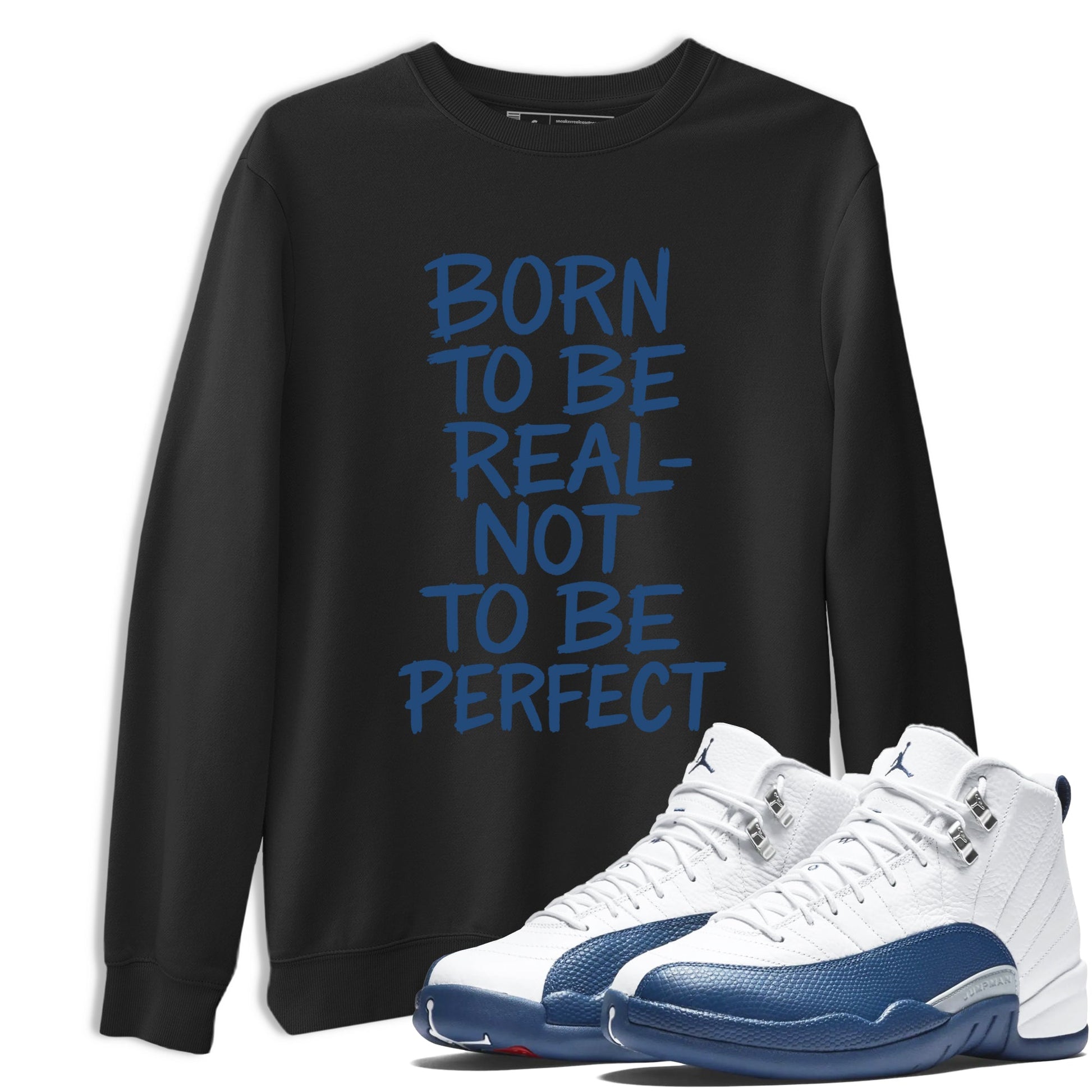 Not Perfect sneaker match t-shirt styled to complete your fit with the Air Jordan 12 French Blue sneakers, shown in Black 1.