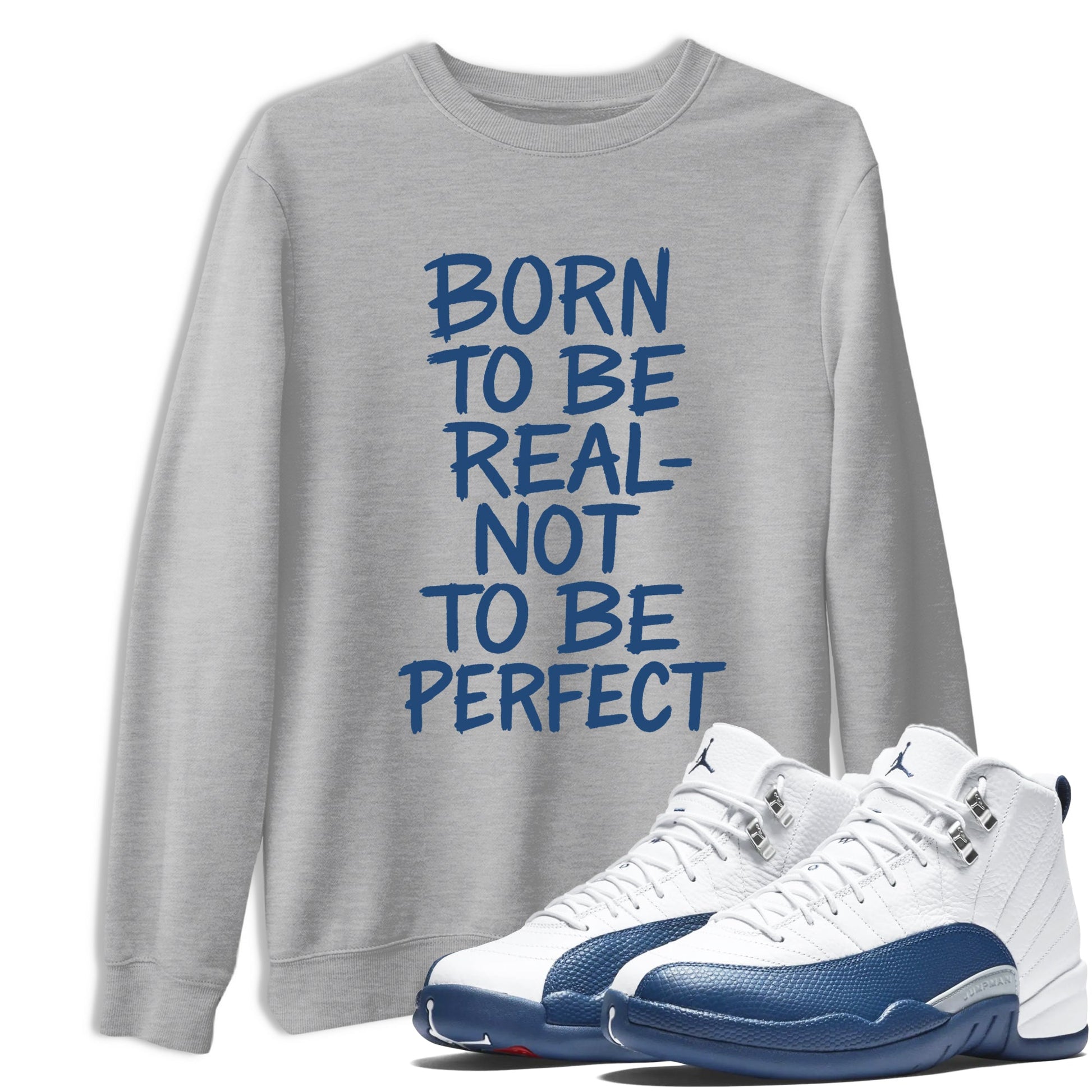 Not Perfect sneaker match t-shirt styled to complete your fit with the Air Jordan 12 French Blue sneakers, shown in Heather Grey 1.