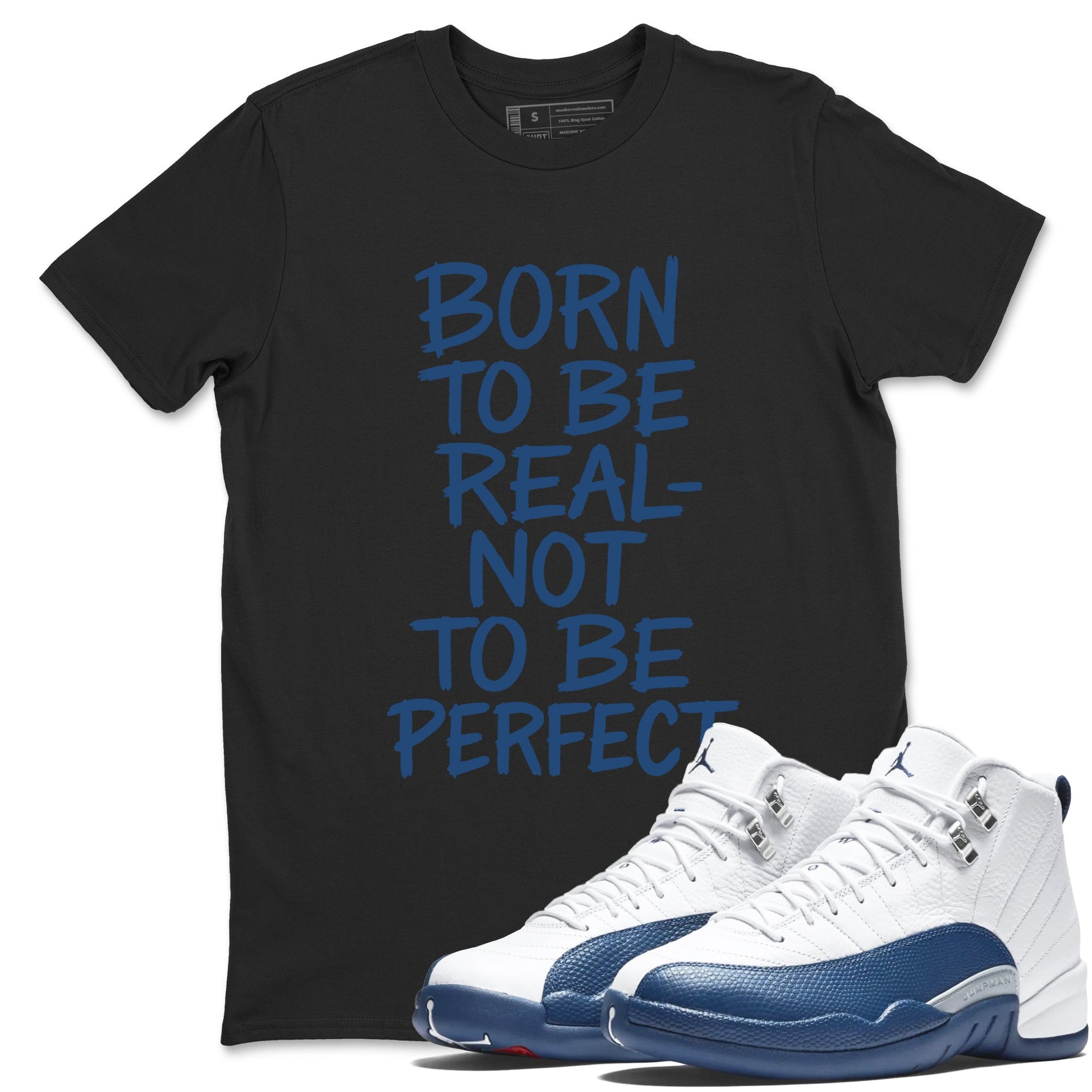 Not Perfect sneaker match t-shirt styled to complete your fit with the Air Jordan 12 French Blue sneakers, shown in Black 1.