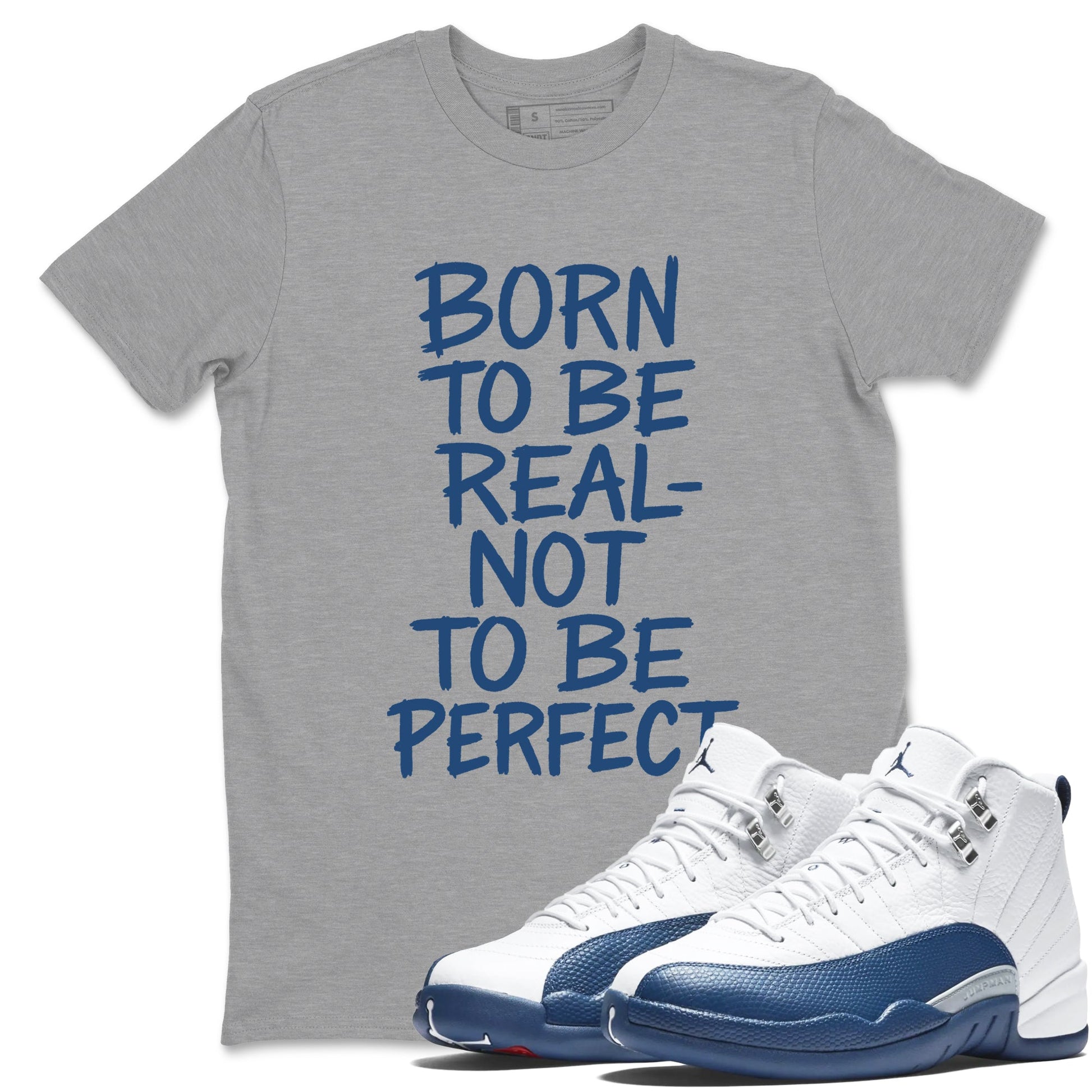 Not Perfect sneaker match t-shirt styled to complete your fit with the Air Jordan 12 French Blue sneakers, shown in Heather Grey 1.