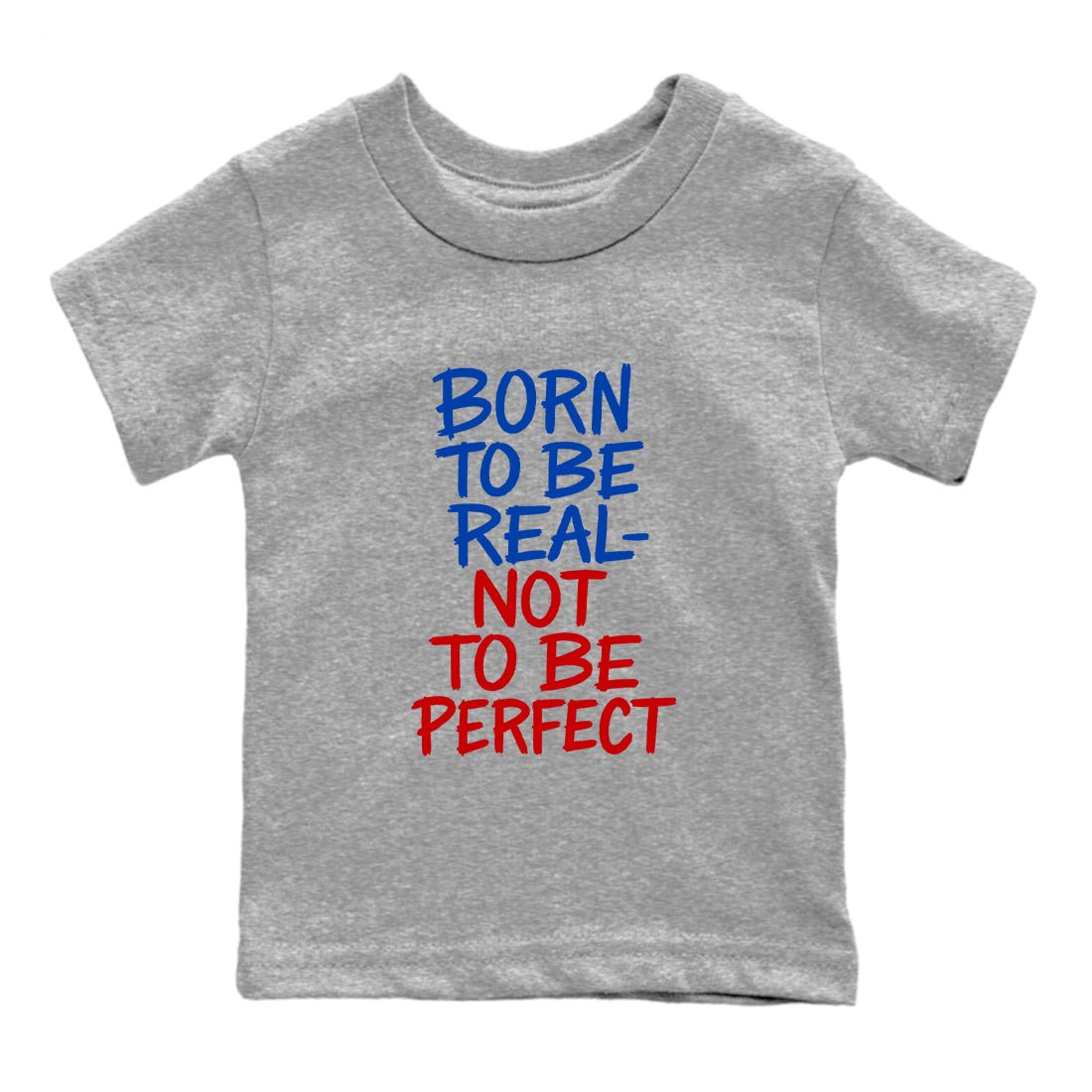 Not Perfect baby and kids t-shirt crafted for little sneakerheads to shine with the Air Jordan 4 Rare Air sneakers, displayed in Heather Grey 2.