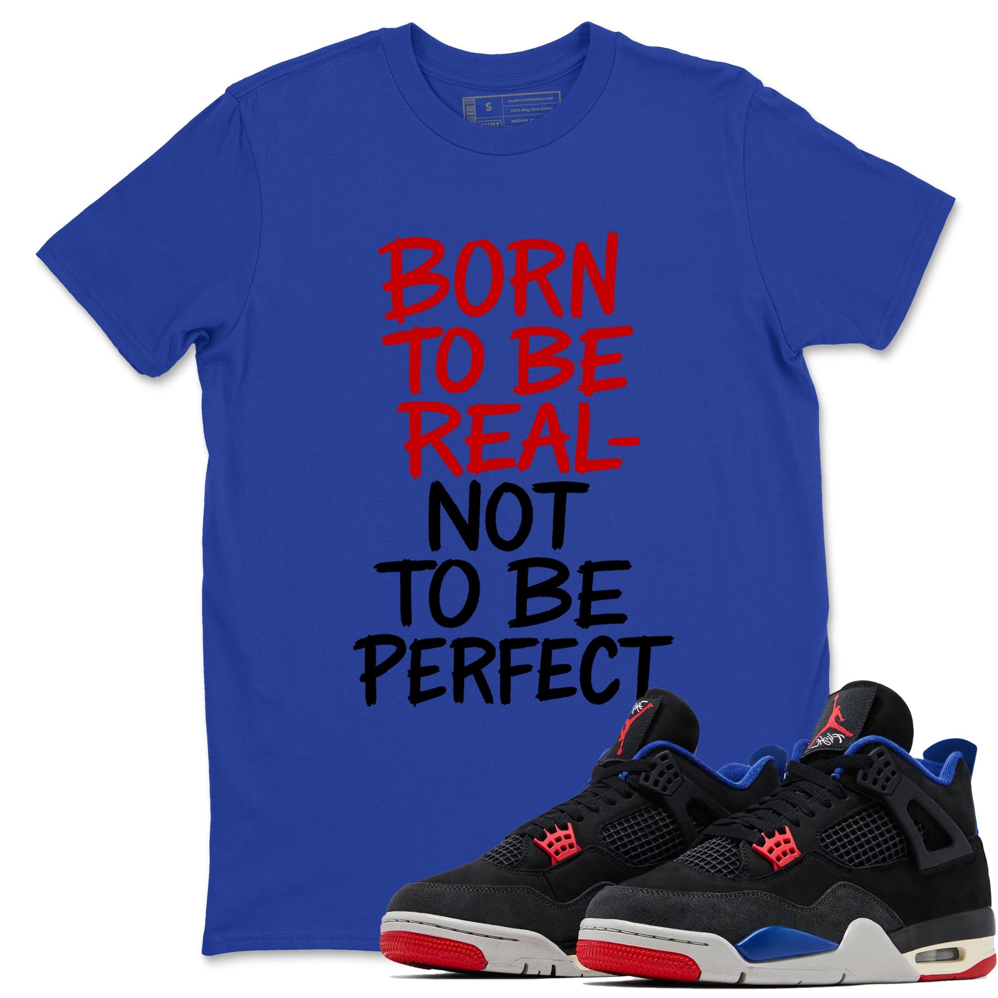 Not Perfect sneaker match t-shirt styled to complete your fit with the Air Jordan 4 Rare Air sneakers, shown in Royal Blue 1.