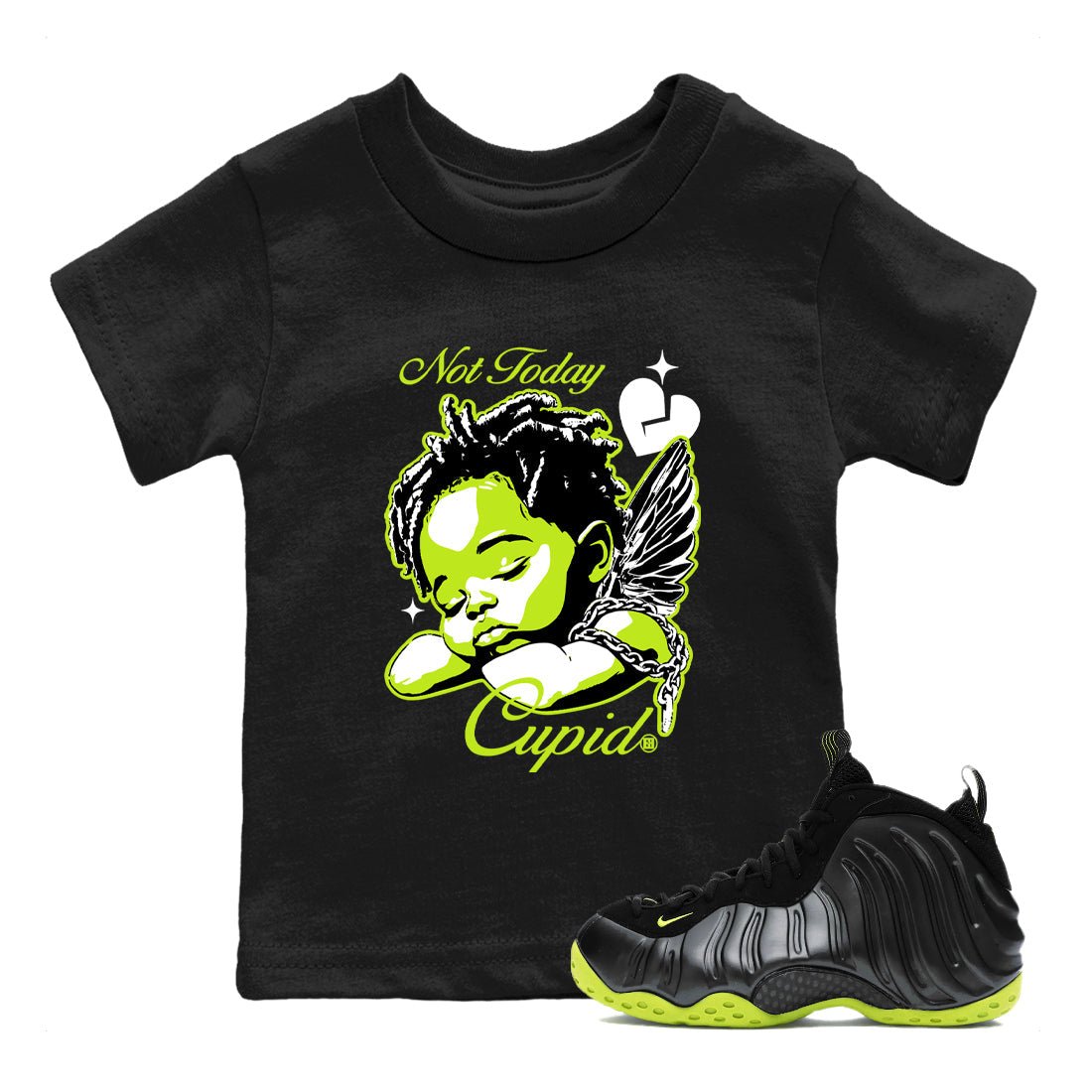 Foams One Black Volt shirts to match jordans Not Today Cupid sneaker match tees Air Foamposite One Black and Volt match shoes to clothes SNRT Sneaker Tees Youth Baby Black 1 tee
