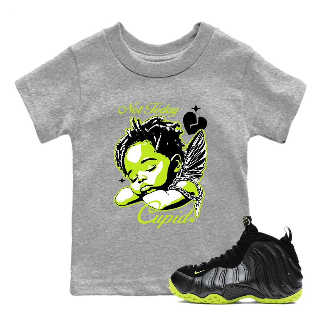 Foams One Black Volt shirts to match jordans Not Today Cupid sneaker match tees Air Foamposite One Black and Volt match shoes to clothes SNRT Sneaker Tees Youth Baby Heather Grey 1 tee