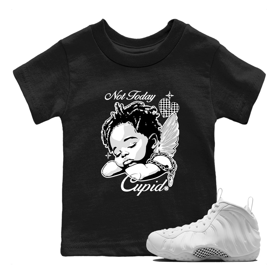 Not Today Cupid baby and kids t-shirt crafted for little sneakerheads to shine with the Air Foamposite One Triple White sneakers, displayed in Black 1.