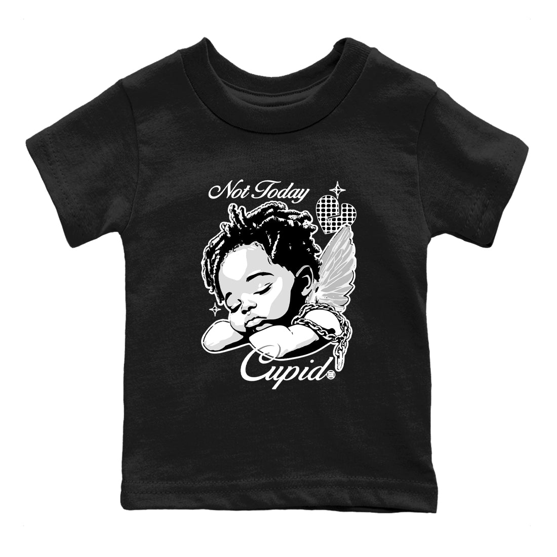Not Today Cupid baby and kids t-shirt crafted for little sneakerheads to shine with the Air Foamposite One Triple White sneakers, displayed in Black 2.