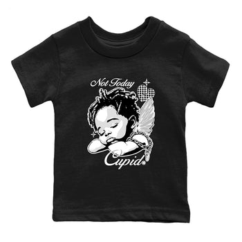Not Today Cupid baby and kids t-shirt crafted for little sneakerheads to shine with the Air Foamposite One Triple White sneakers, displayed in Black 2.