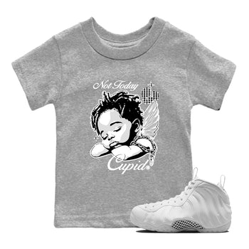 Not Today Cupid baby and kids t-shirt crafted for little sneakerheads to shine with the Air Foamposite One Triple White sneakers, displayed in Heather Grey 1.