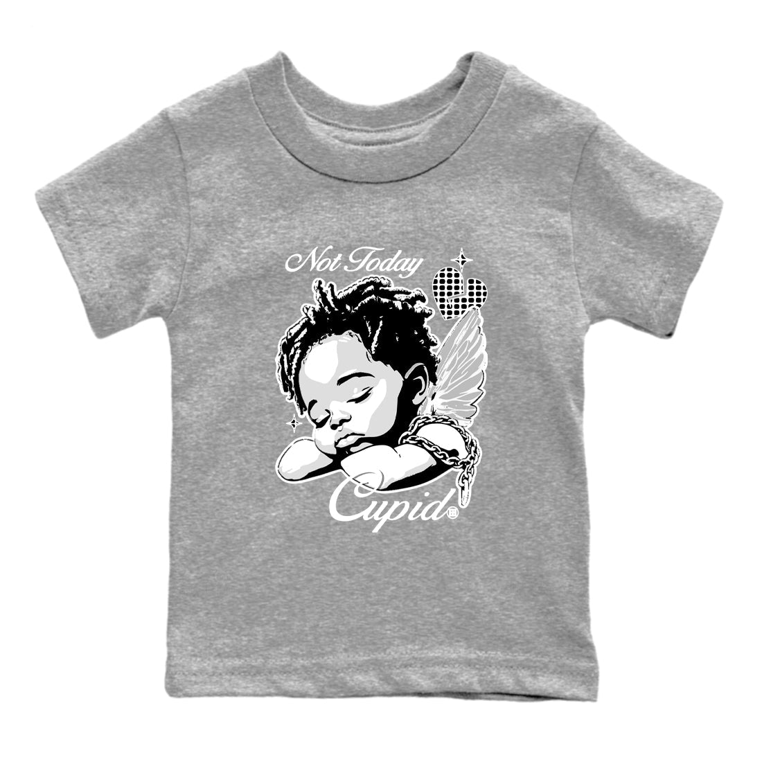 Not Today Cupid baby and kids t-shirt crafted for little sneakerheads to shine with the Air Foamposite One Triple White sneakers, displayed in Heather Grey 2.