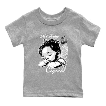 Not Today Cupid baby and kids t-shirt crafted for little sneakerheads to shine with the Air Foamposite One Triple White sneakers, displayed in Heather Grey 2.