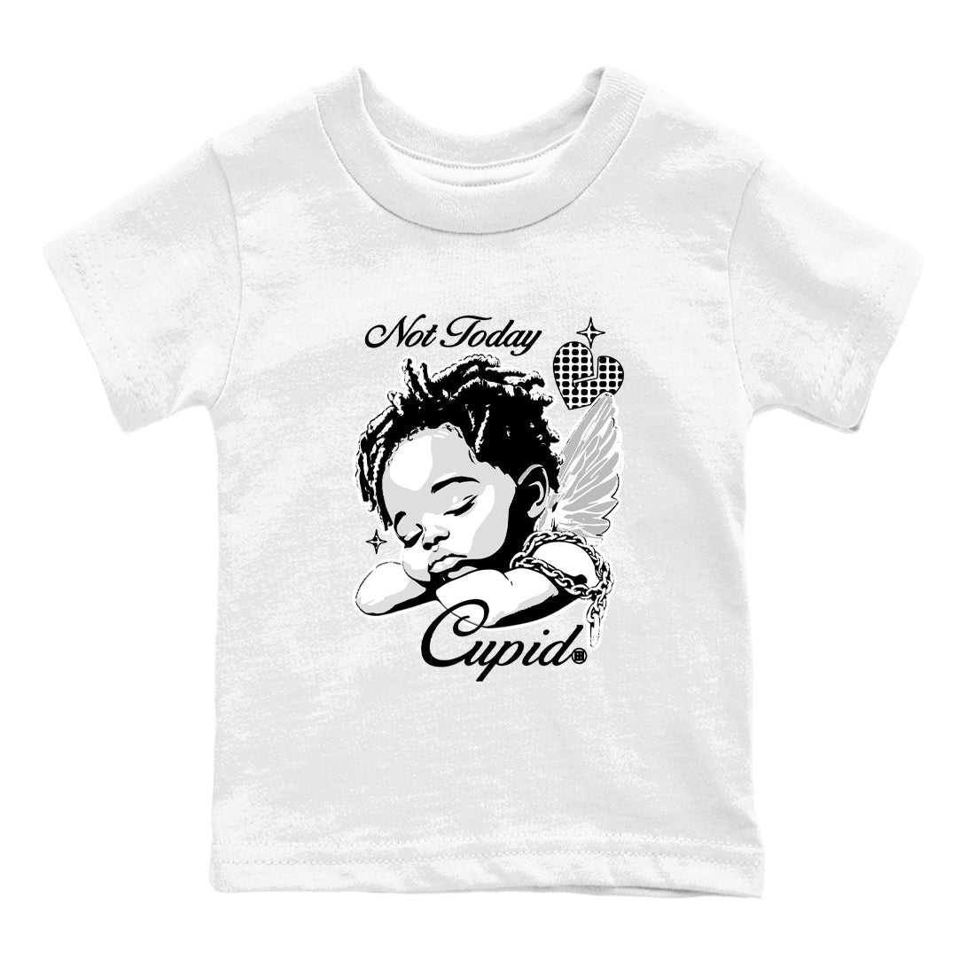 Not Today Cupid baby and kids t-shirt crafted for little sneakerheads to shine with the Air Foamposite One Triple White sneakers, displayed in White 2.