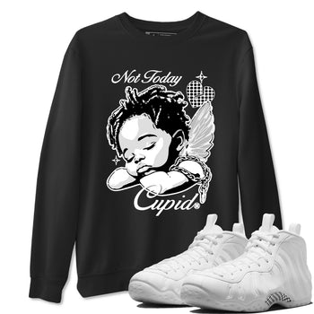 Not Today Cupid sneaker match t-shirt styled to complete your fit with the Air Foamposite One Triple White sneakers, graphic shirts in Black 1.