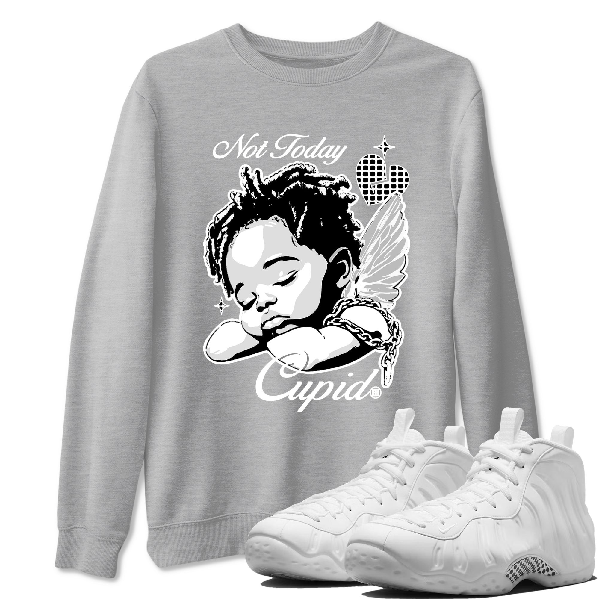 Not Today Cupid sneaker match t-shirt styled to complete your fit with the Air Foamposite One Triple White sneakers, graphic shirts in Heather Grey 1.