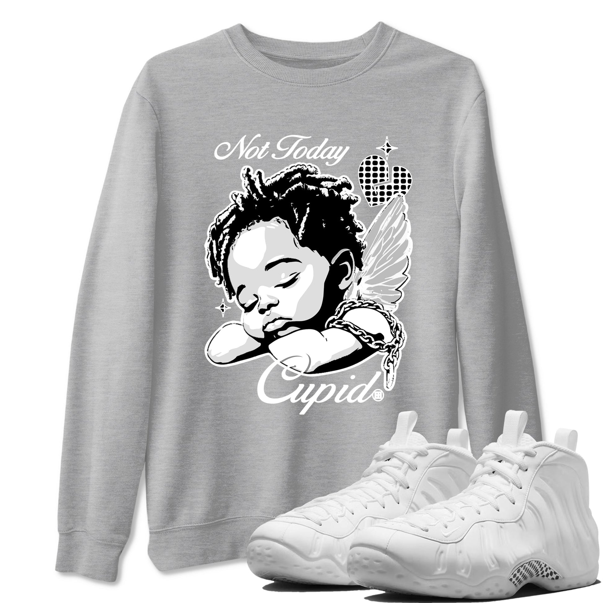 Not Today Cupid sneaker match t-shirt styled to complete your fit with the Air Foamposite One Triple White sneakers, graphic shirts in Heather Grey 1.